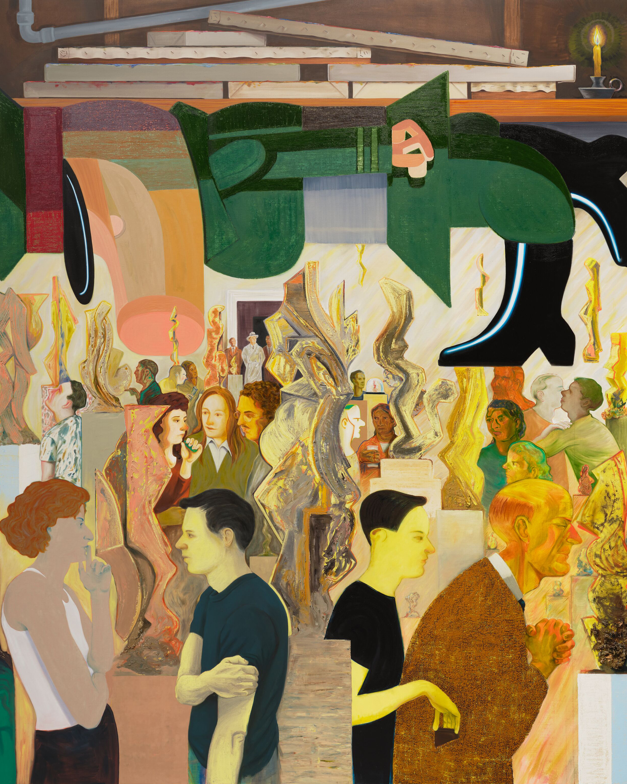 A stylized painting of a group of people all gathered in a room and talking amongst themselves.
