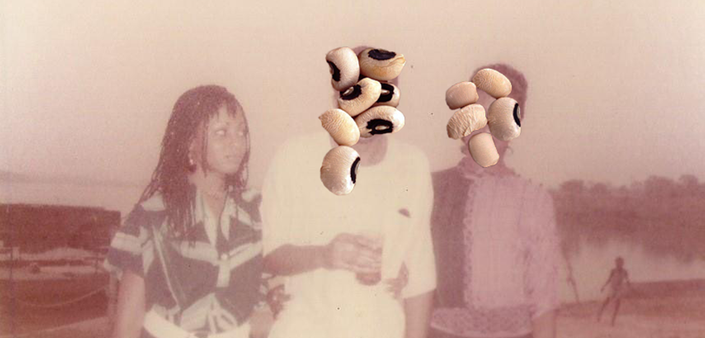 A faded photograph of three people standing next to each other; the two on the right have beans over their faces, censoring them.