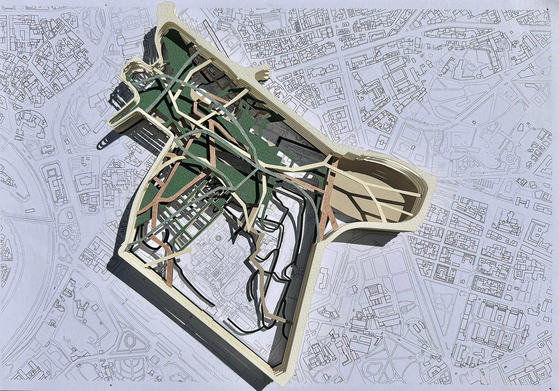 overhead view of model and map of Rome