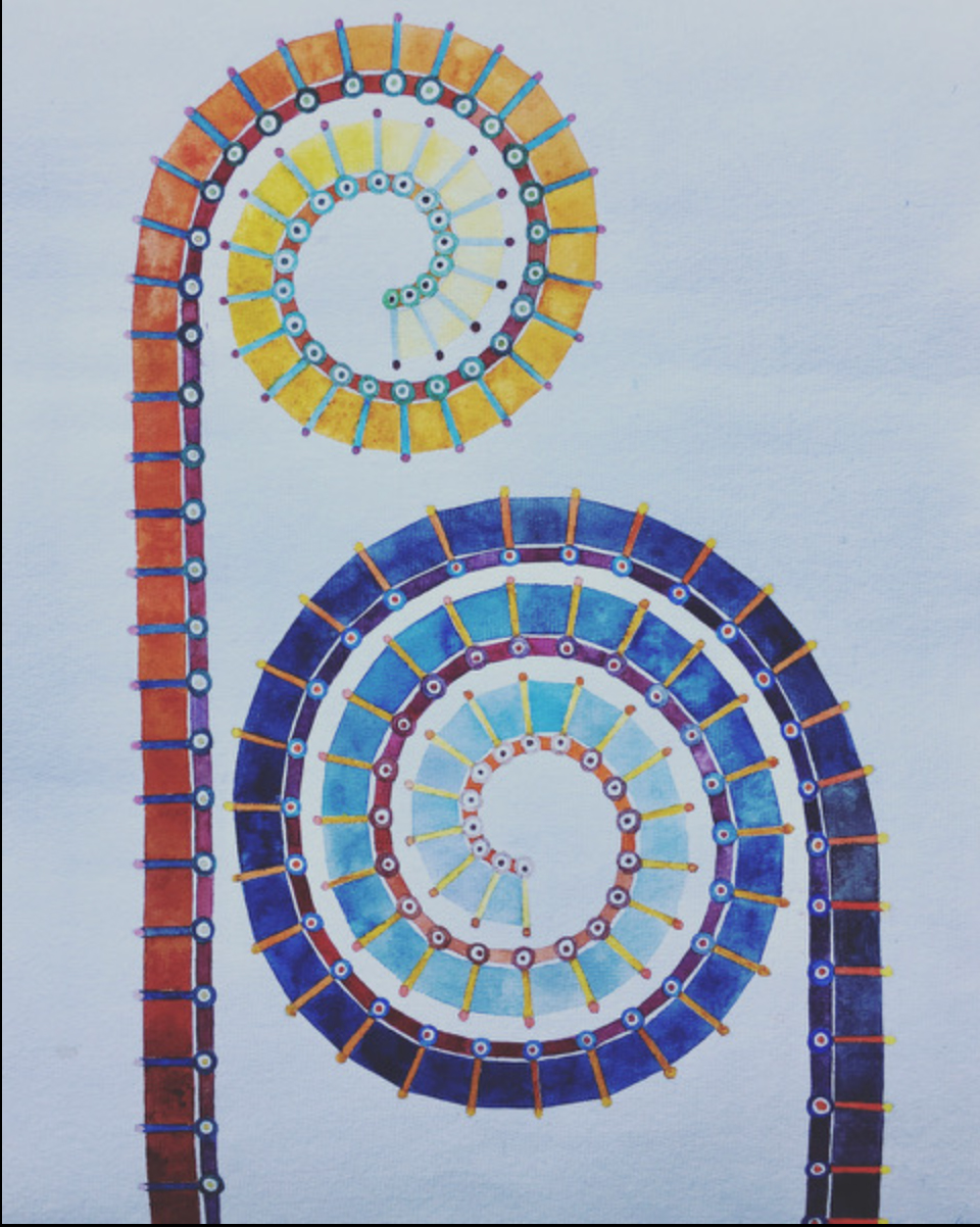 Plan for future mechanical flower sculpture based on party favor, blow-out noise-maker toy, made in watercolor using reds, yellows, and blues.