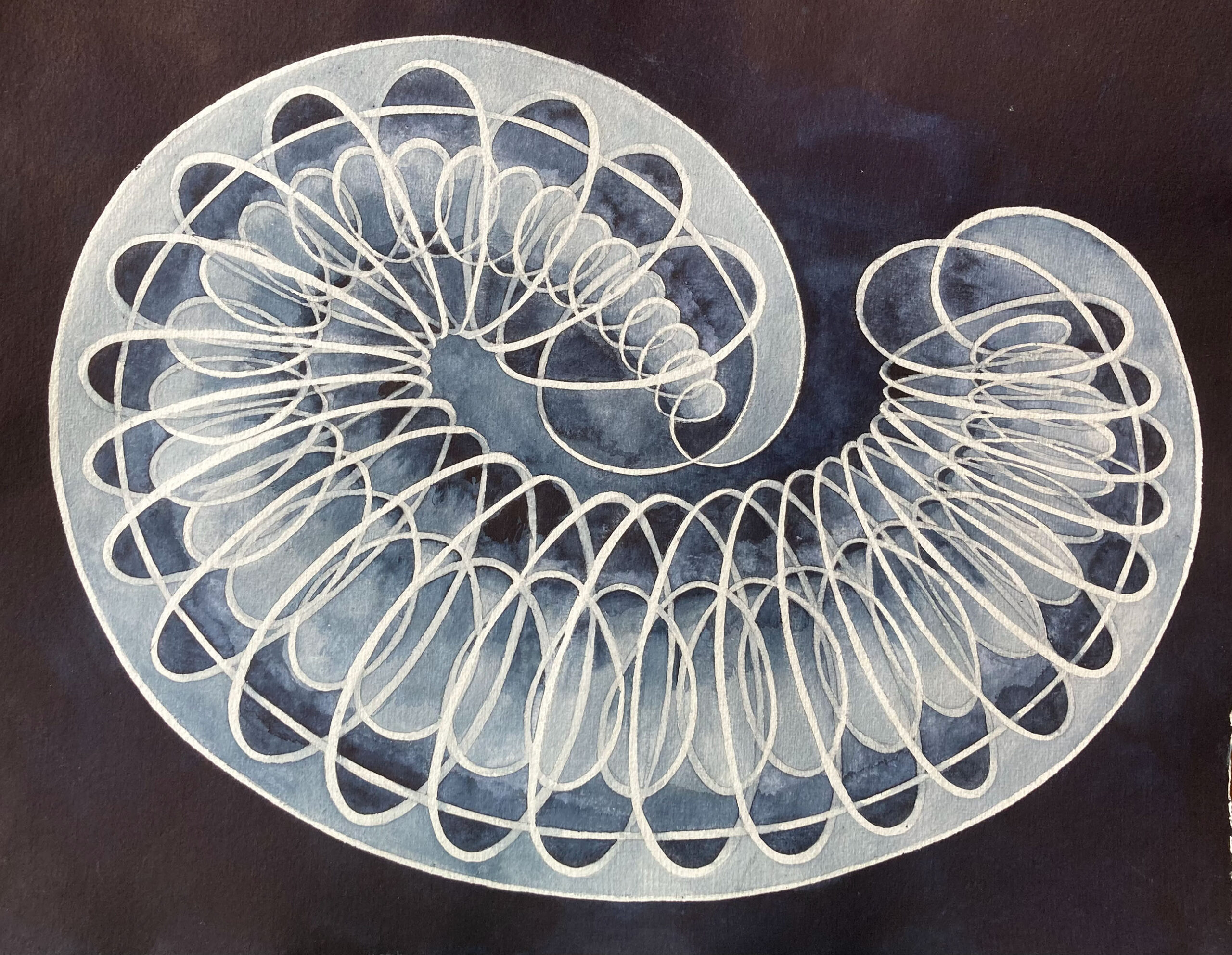 A watercolor in shades of Payne’s grey, a dark blue-gray color, showing layers of swirling figures.