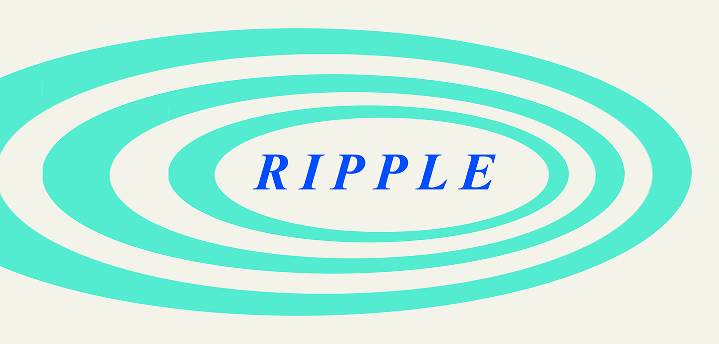 A digital drawing of teal circles on a beige background with the exhibition title written in blue.