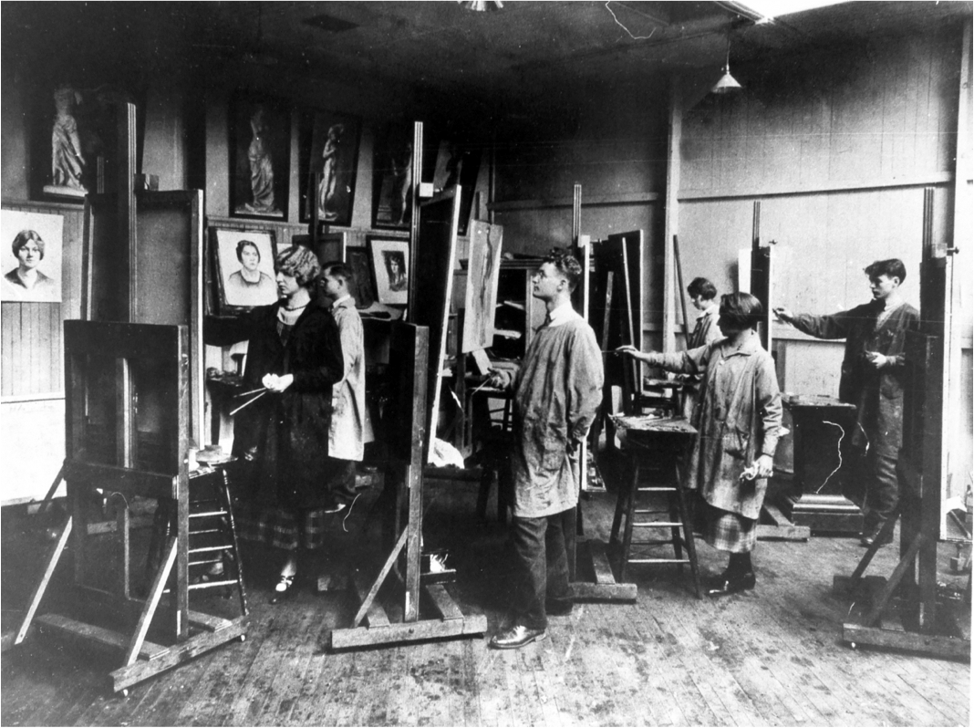 Historic image of students painting at easels