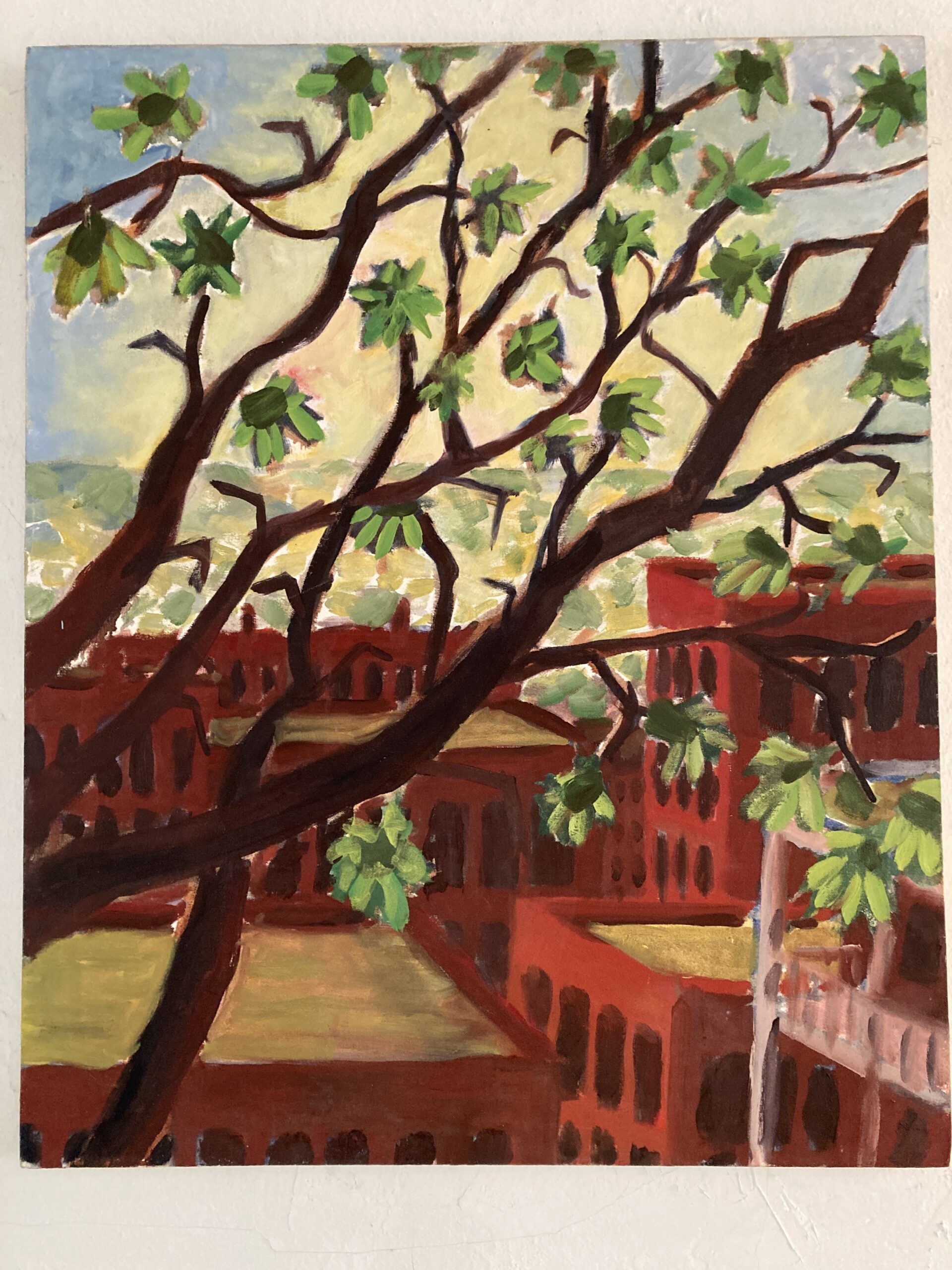 Painting of tree branches obscuring a city skyline.