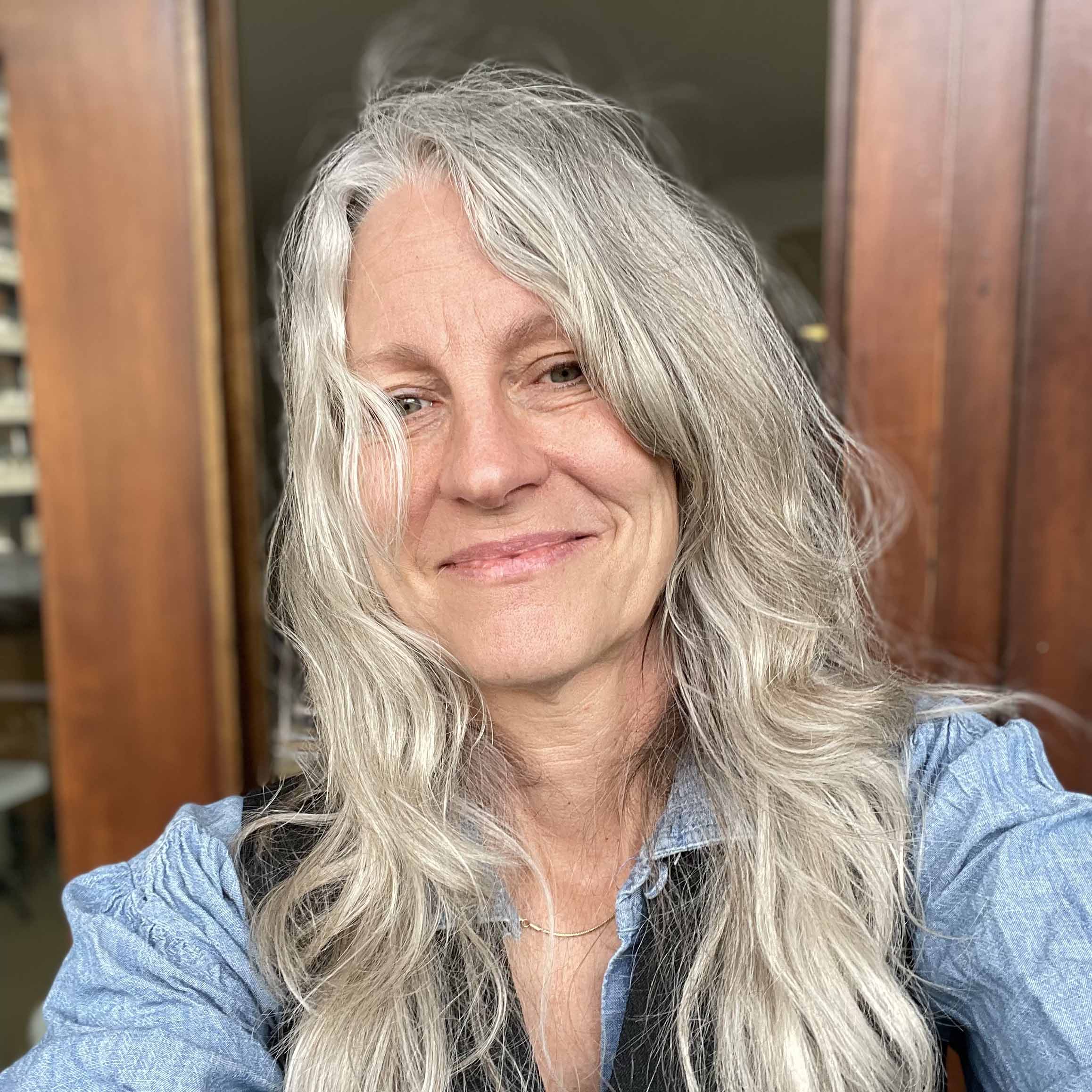 woman with long grey hair wearing a blue blouse and smiling at the camera