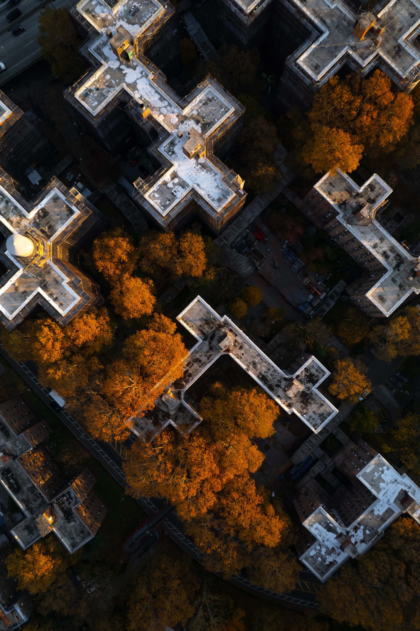 Overhead photo of land and buildings.