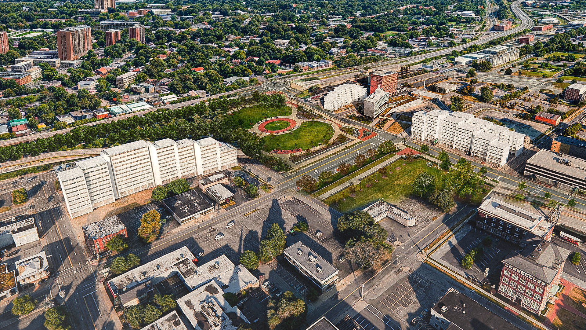 aerial view of urban neighborhood