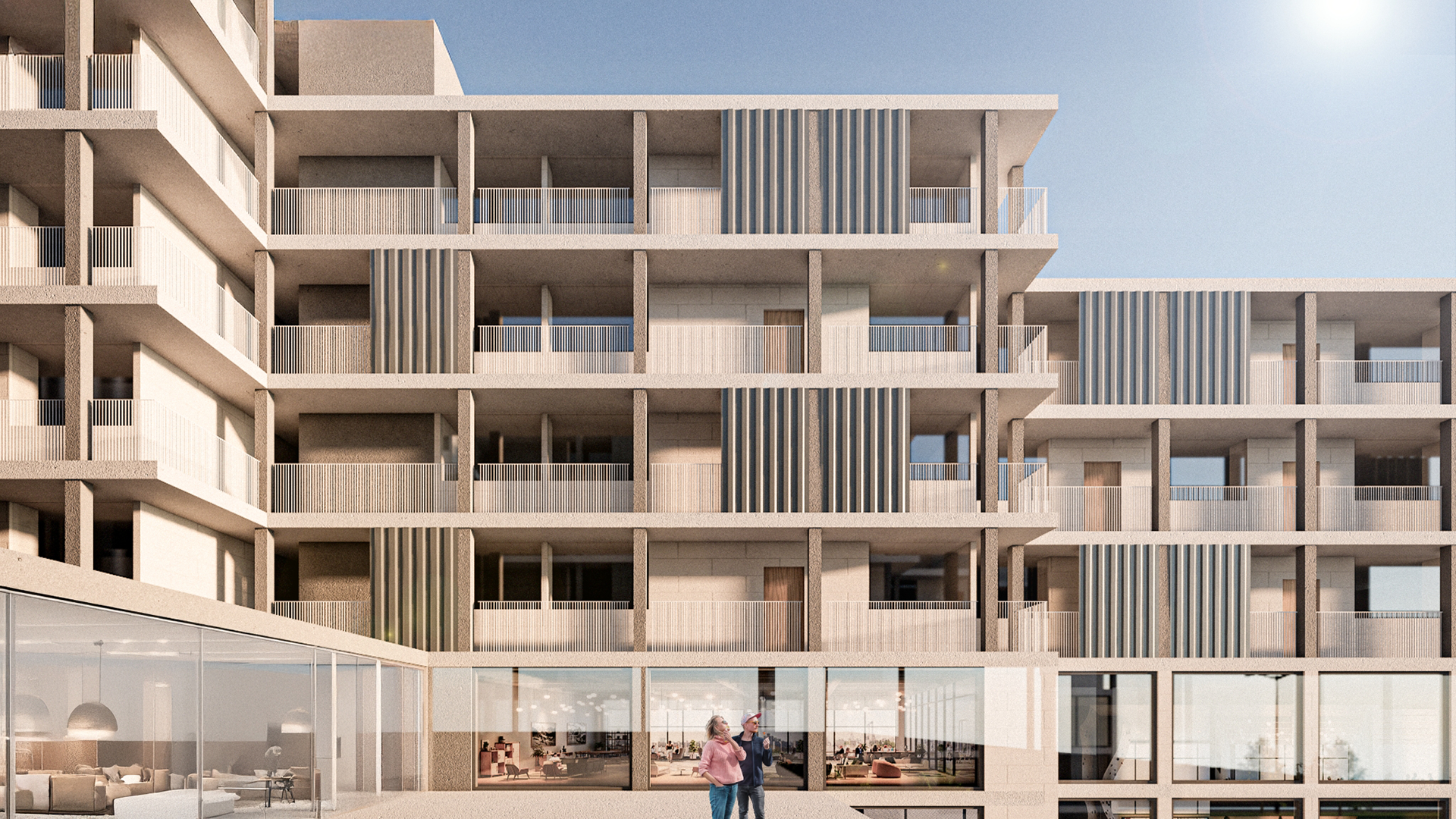 Rendering of beige apartment complex