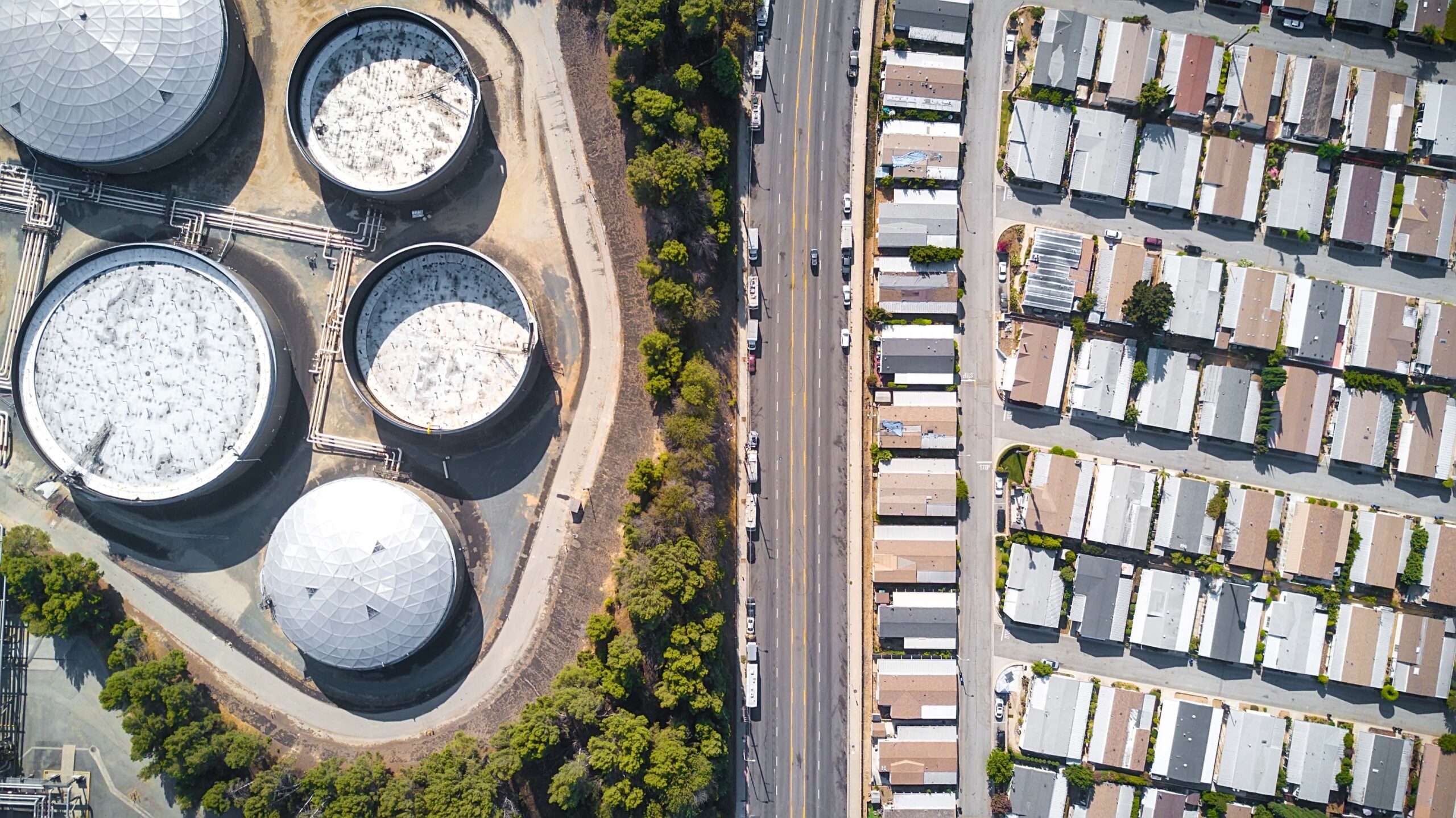 Overhead photo of land and buildings.