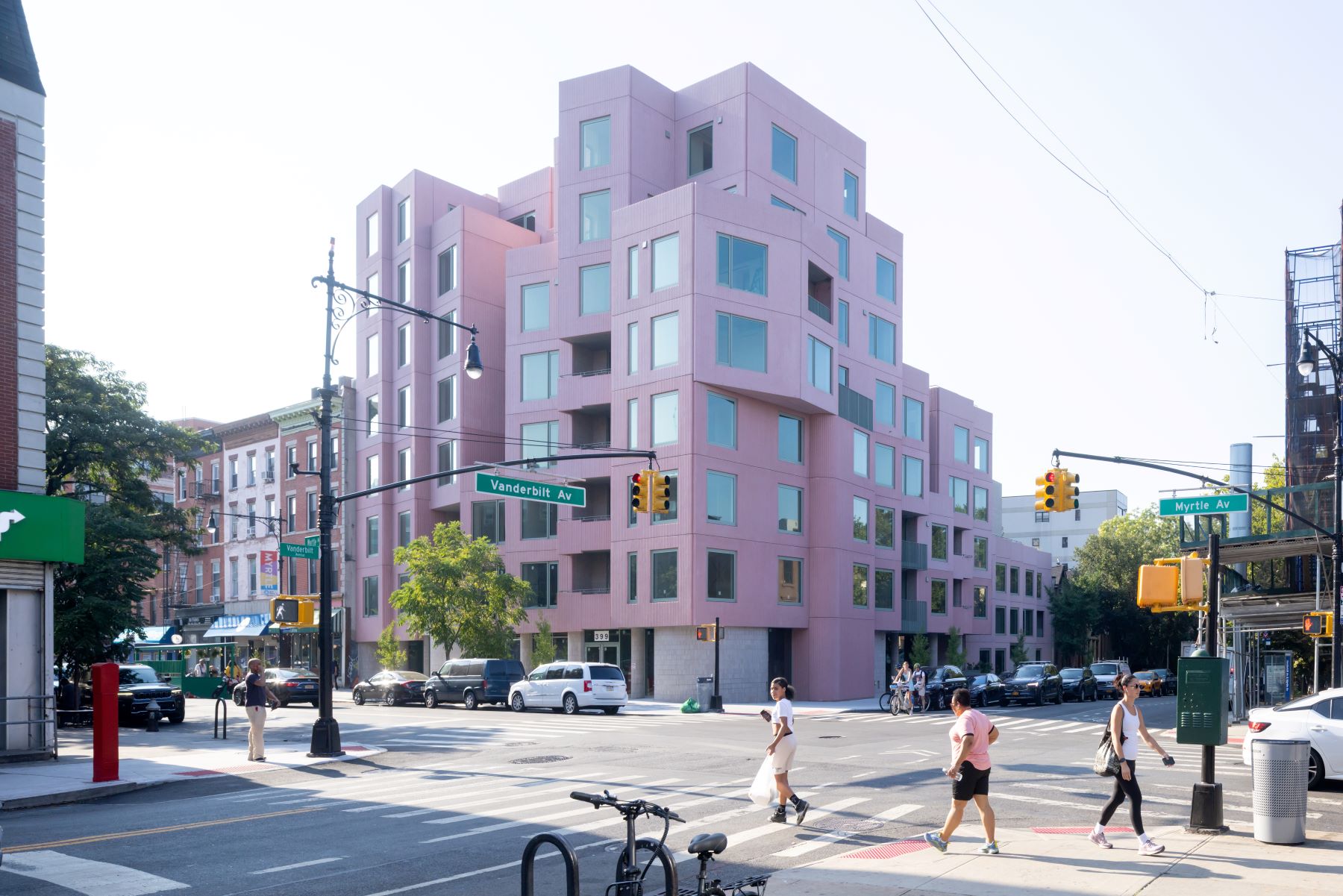 Pink building on a urban street corner