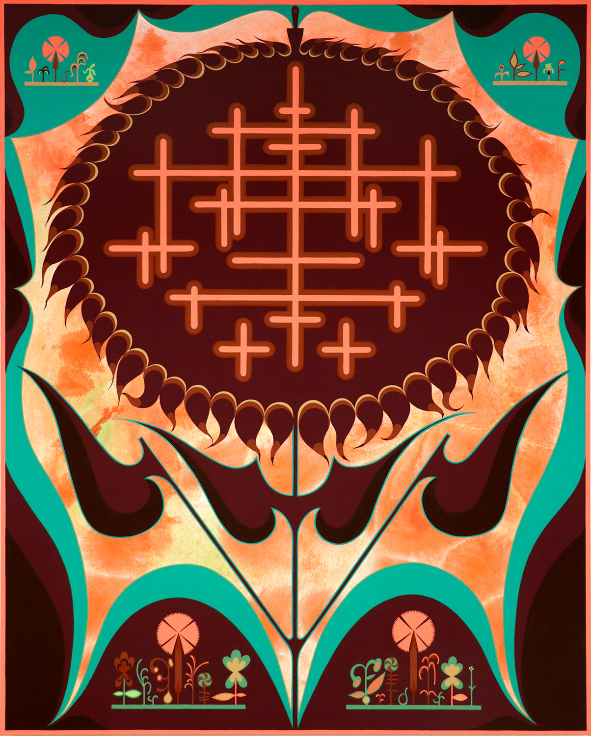 An abstract painting with a brown, peach, and green color palette.