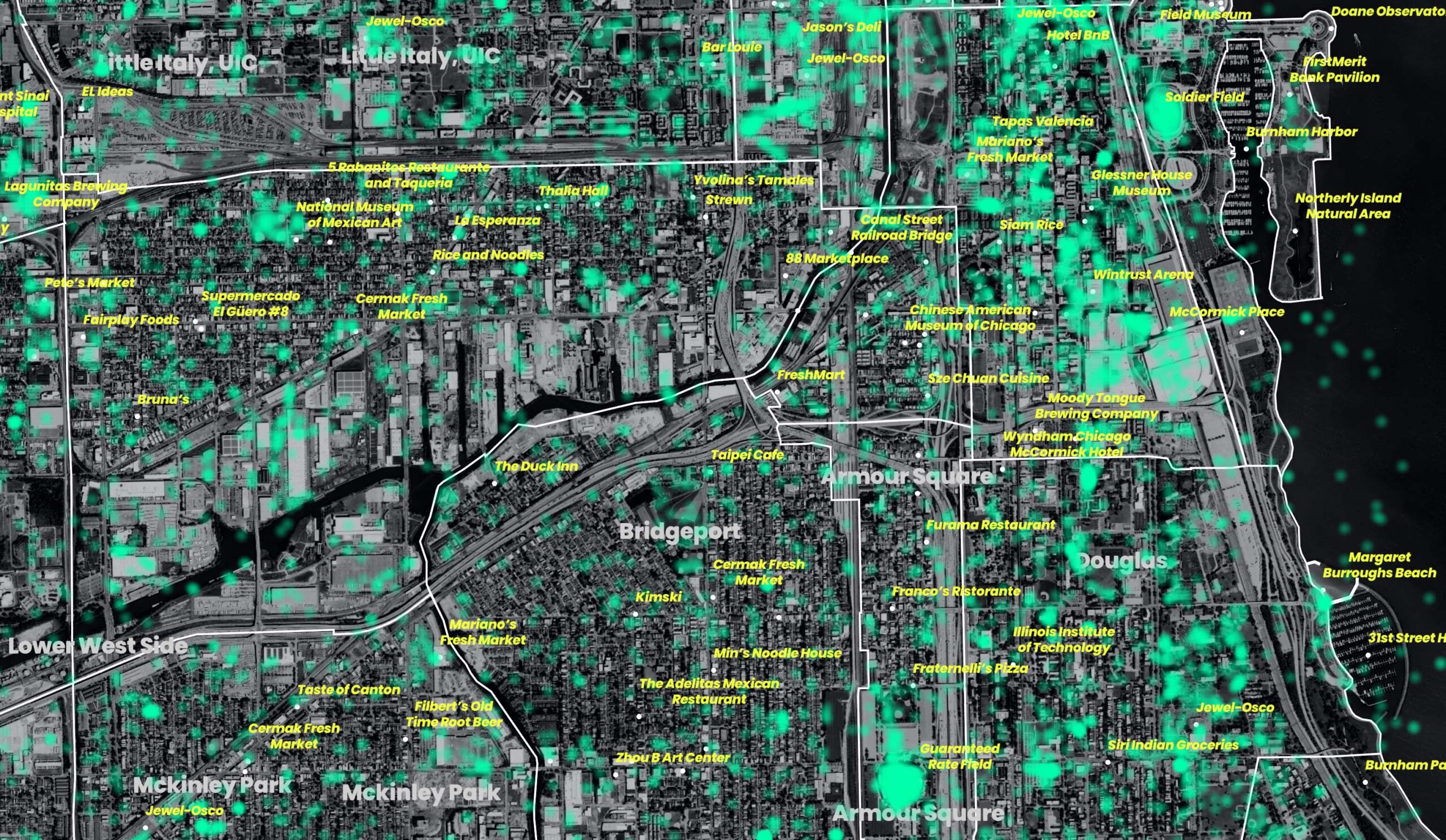 A map with green blobs and grey and yellow text.