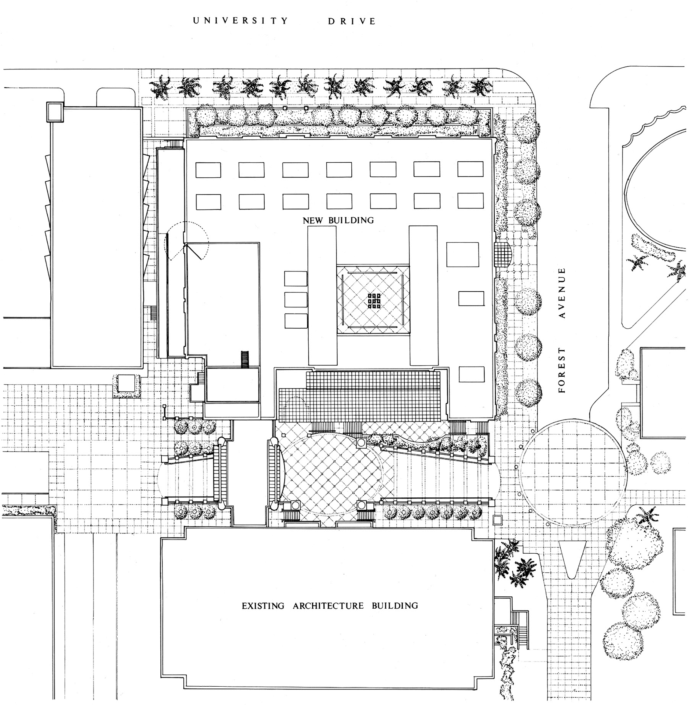 A site plan shows the existing building and the new building.