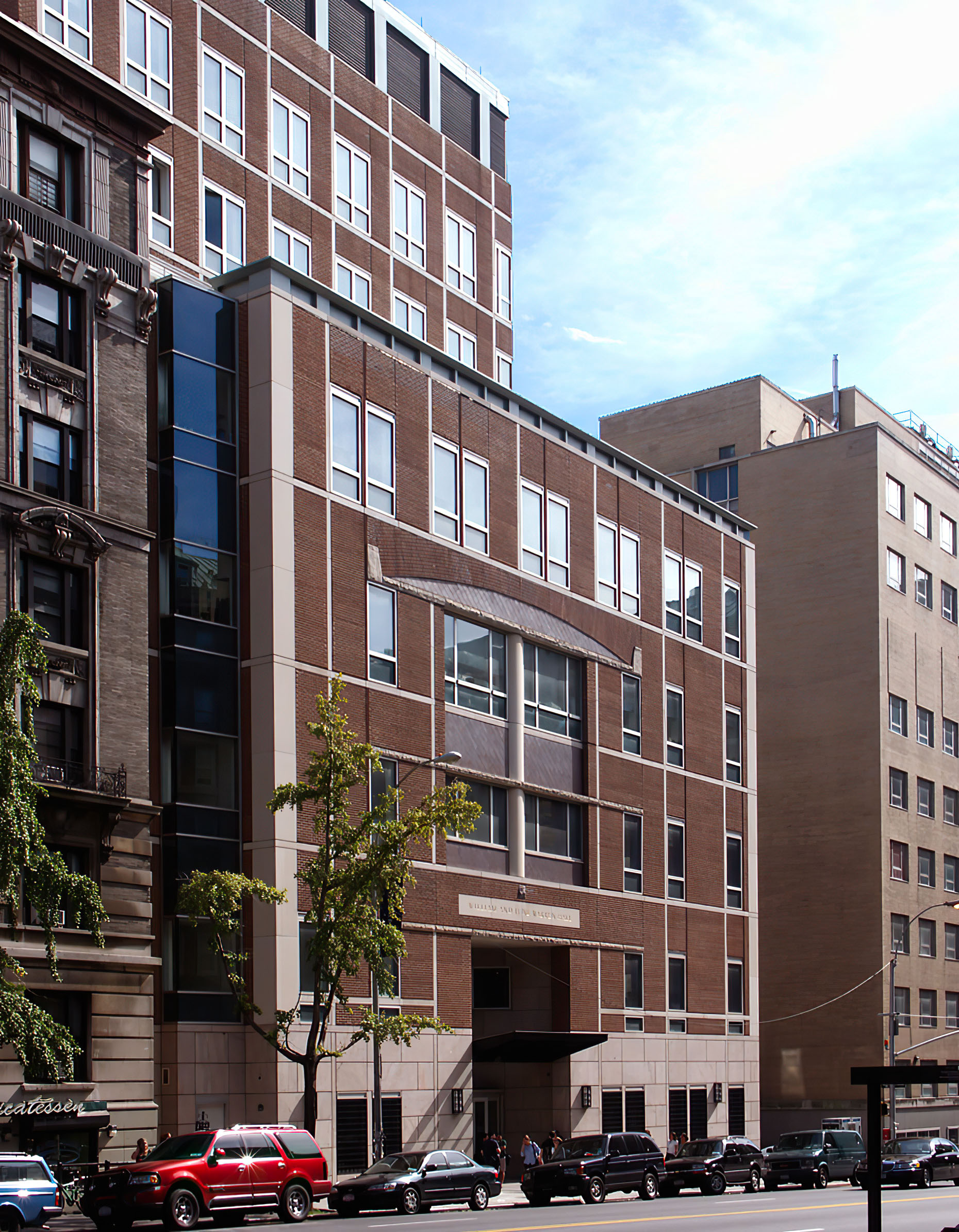 Southwest facade of a multilevel building.