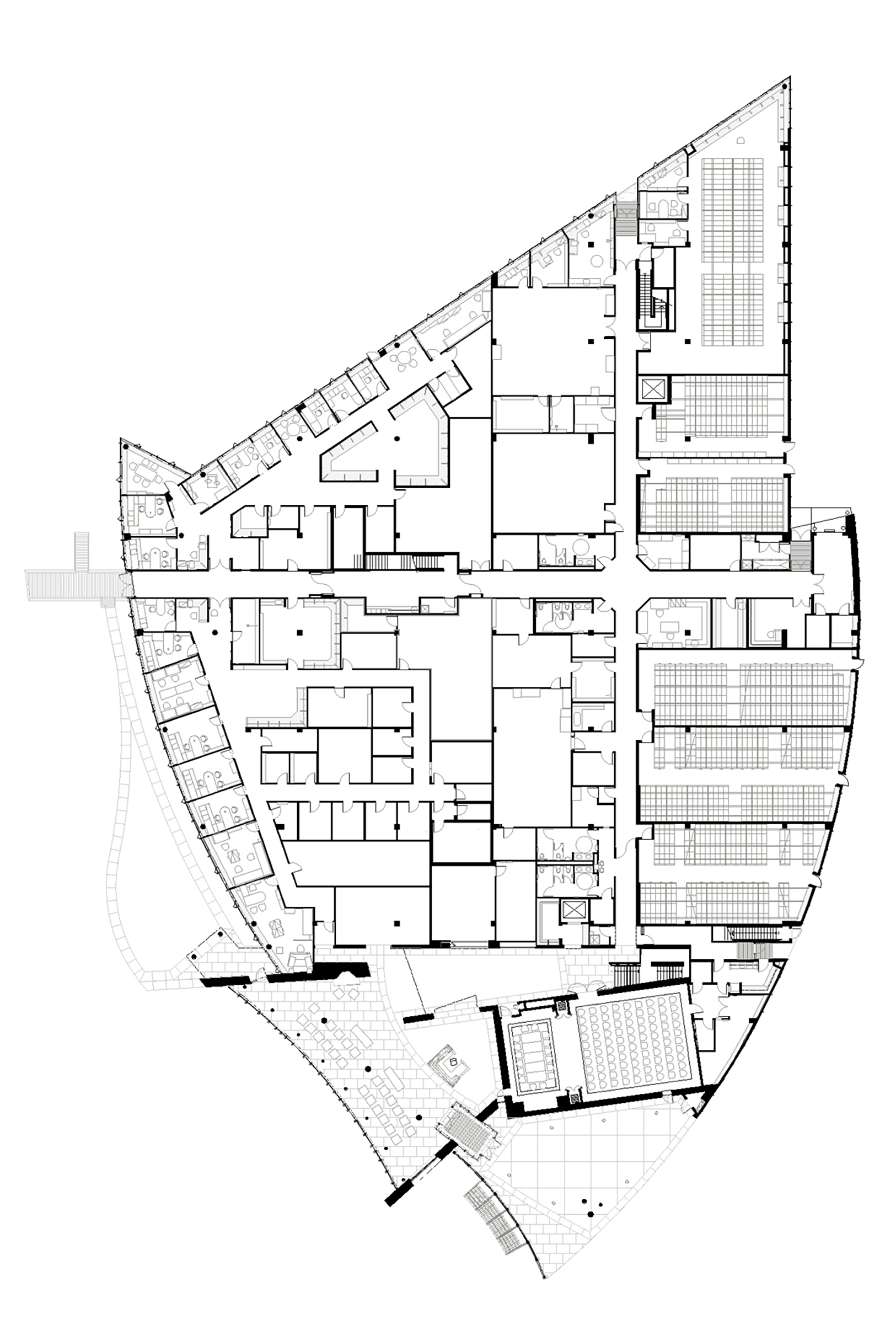 Floor plan of the first floor of an irregular polygon-shaped building.