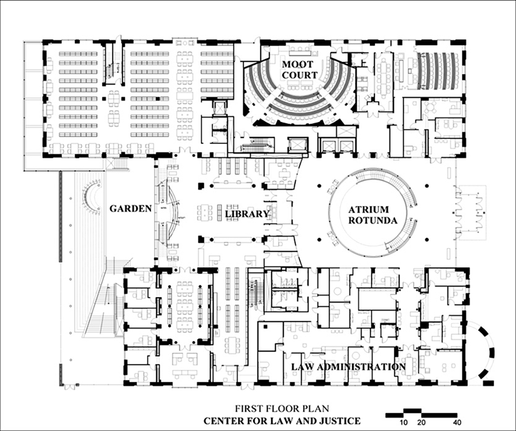 Site plan showing a building interior with an atrium, library, various departments, and an exterior court.