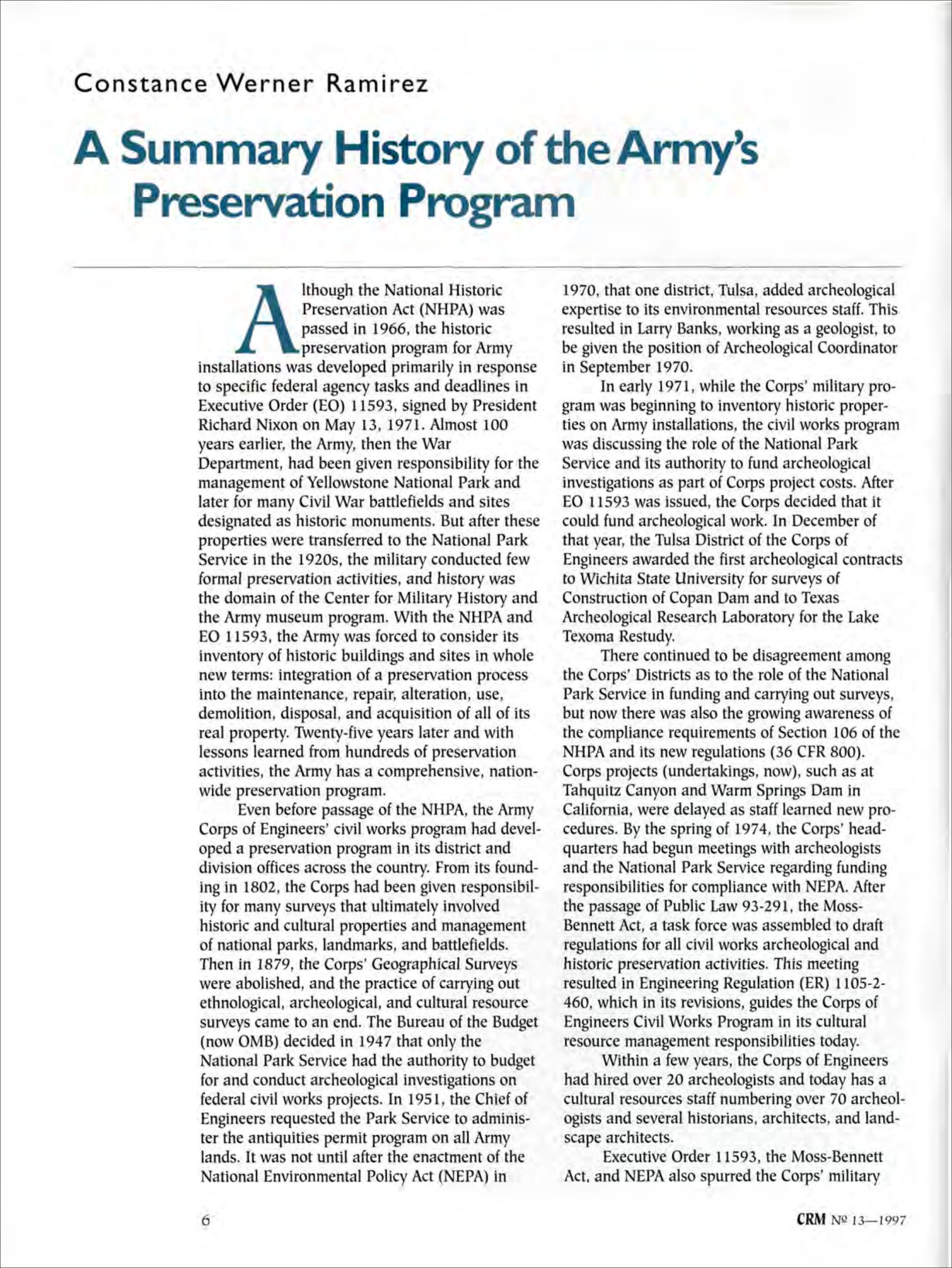 First page of scholarly article 'A Summary History of the Army's Preservation Program'