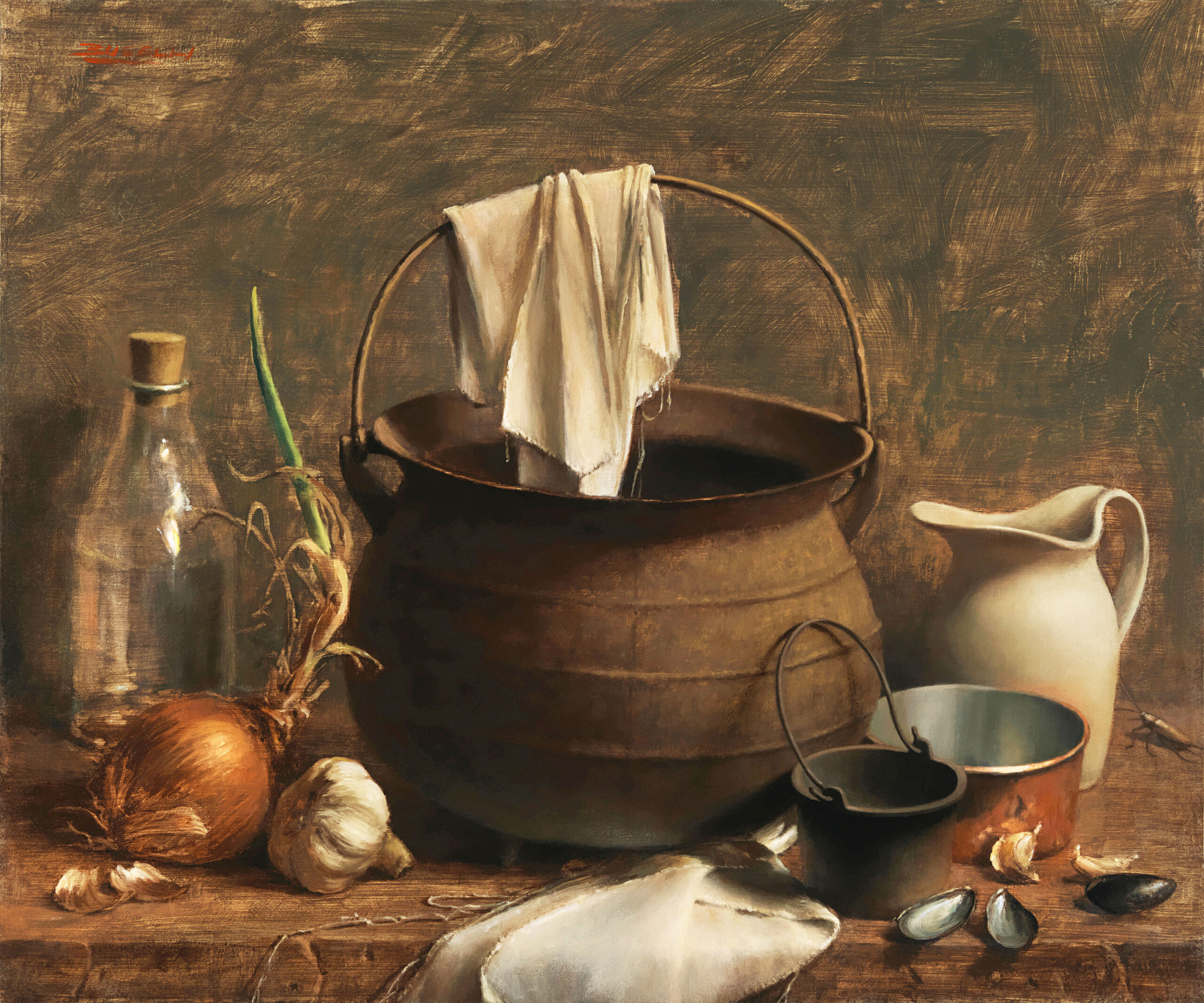 Oil on linen still life painting of a large black pot surrounded by smaller dishes, a bulb of garlic, and an onion with an overgrown stem.