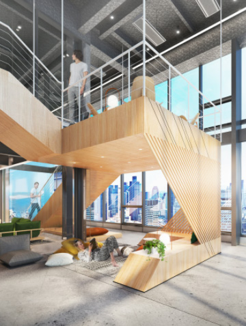 Rendering of an office staircase and wall of windows