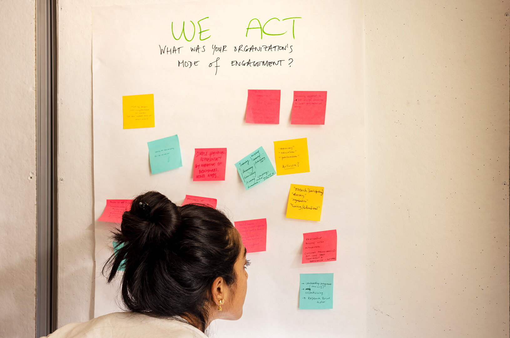 a person observing colorful sticky notes on a white poster on the wall