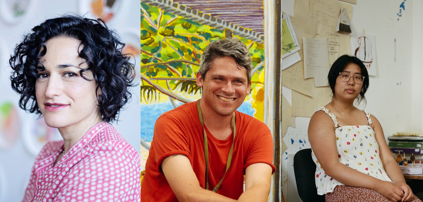 Three individual headshots of people. From left: a woman with dark wavy hair and a pink polka dot shirt