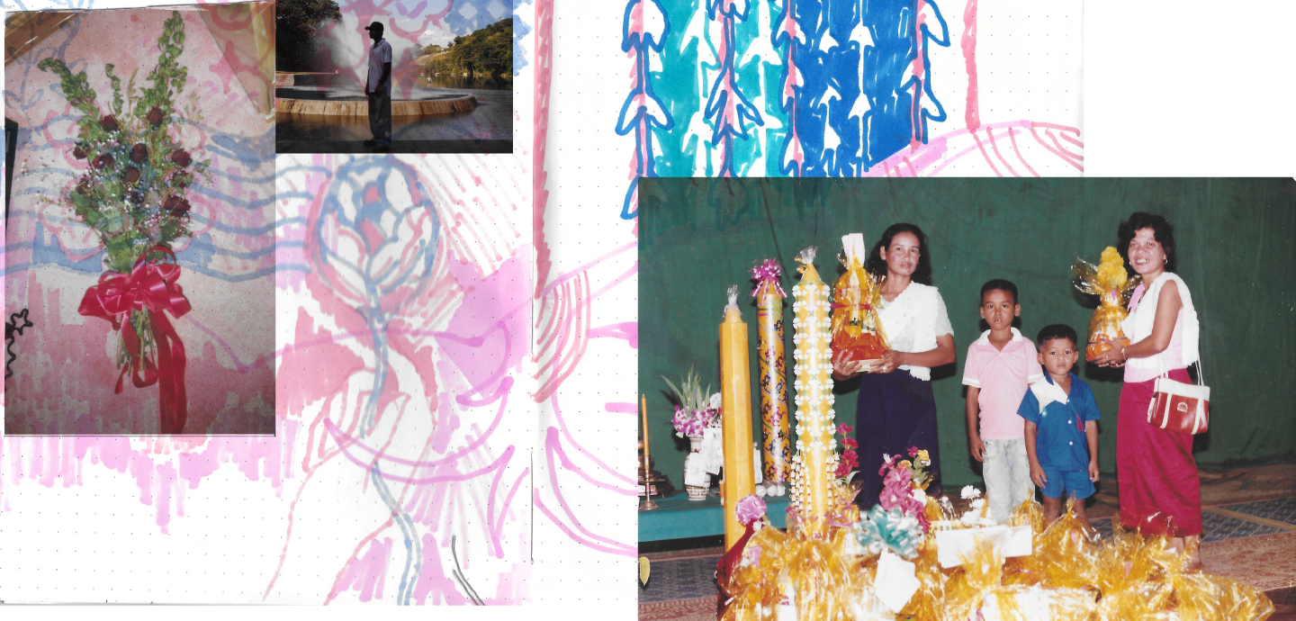 A collage featuring two images set against a patterned blue