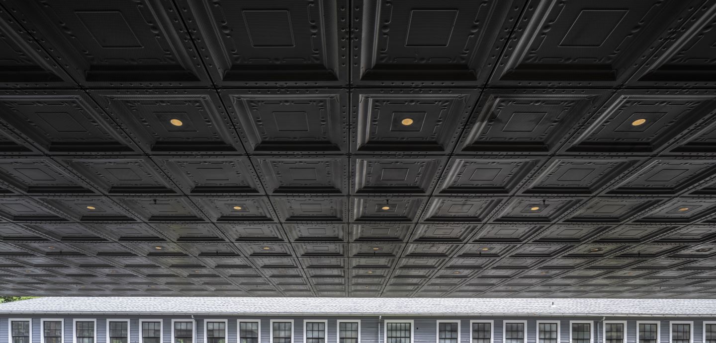 View of the Foundry from under Milstein Hall's cantilevered L.P. Kwee studio