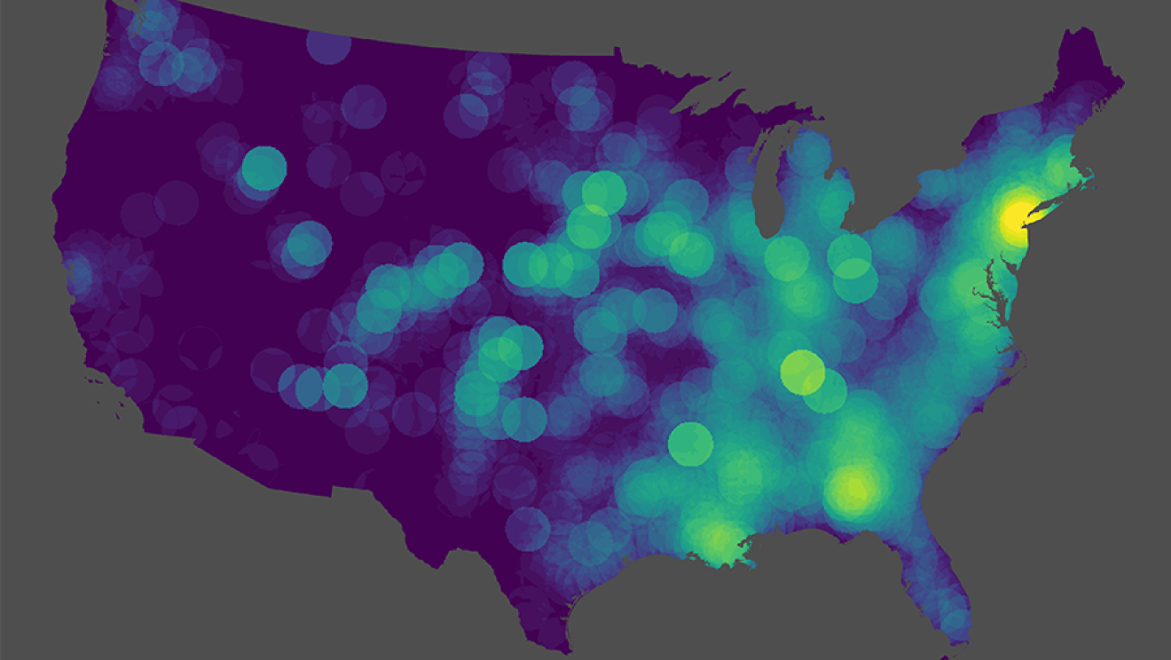 Blue and green heat map of the United States