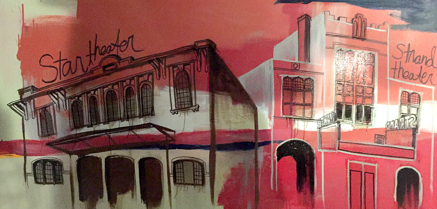 Red and coral painting of two theaters