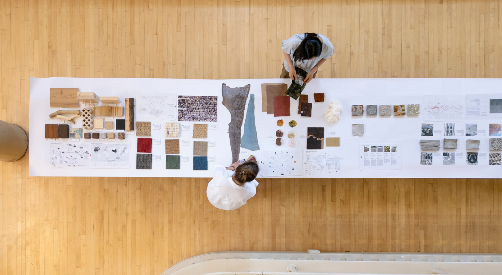 Overhead view of table filled with building material samples