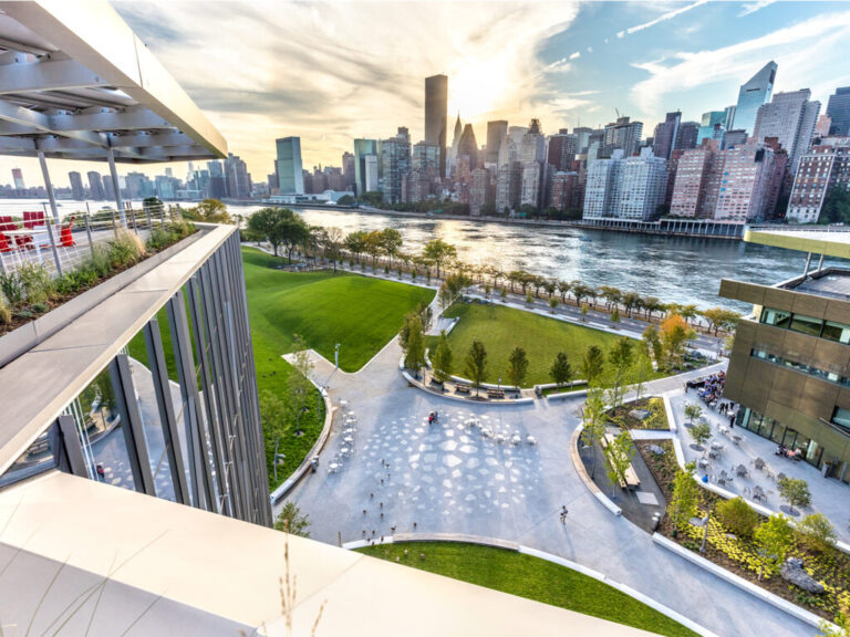 aerial view of campus with NYC skyline across the river