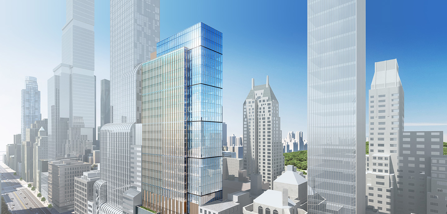 a side view of a large cityscape with a bright blue sky