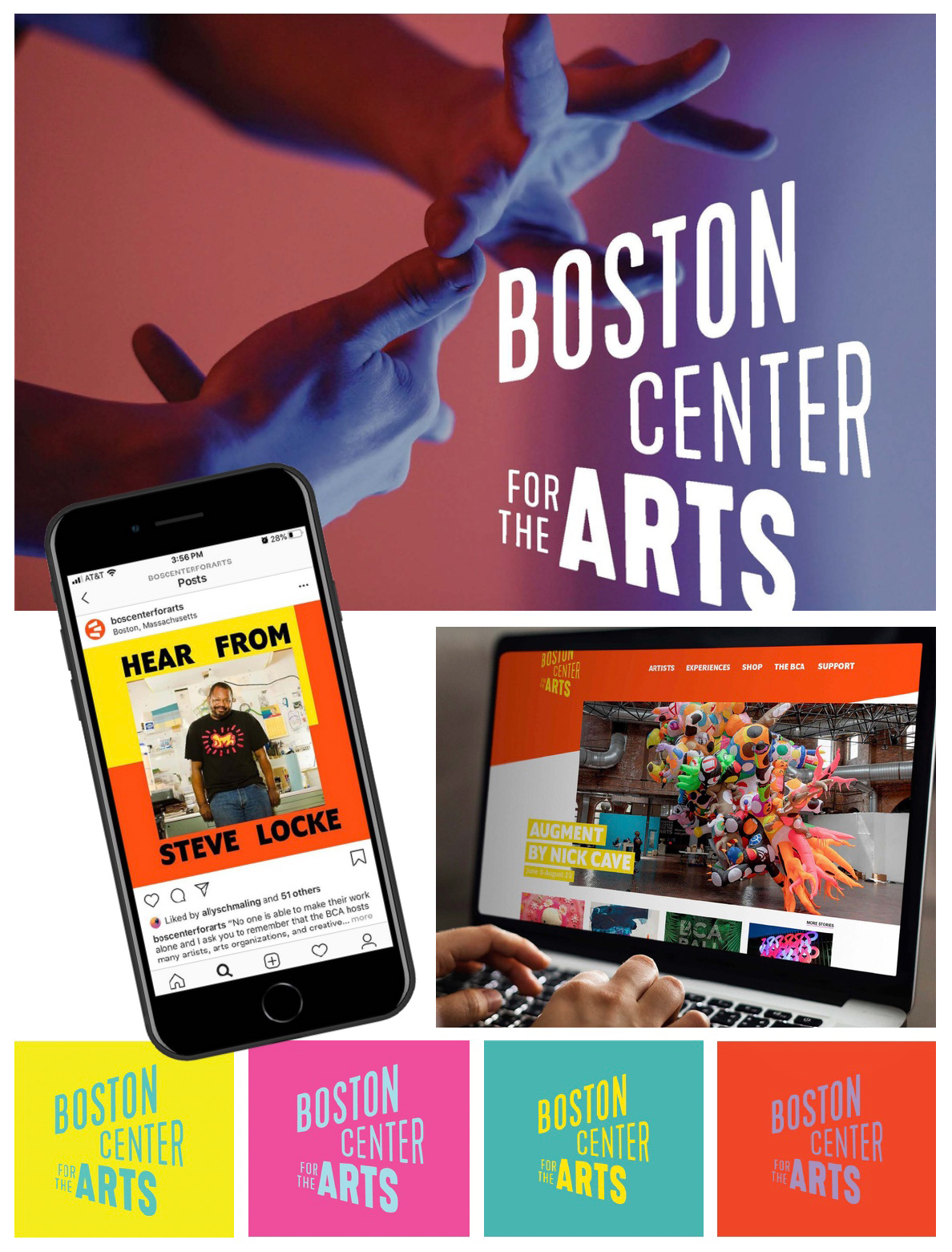 A collage of promotional images for the Boston Center for the Arts and color blocks featuring the center's logo