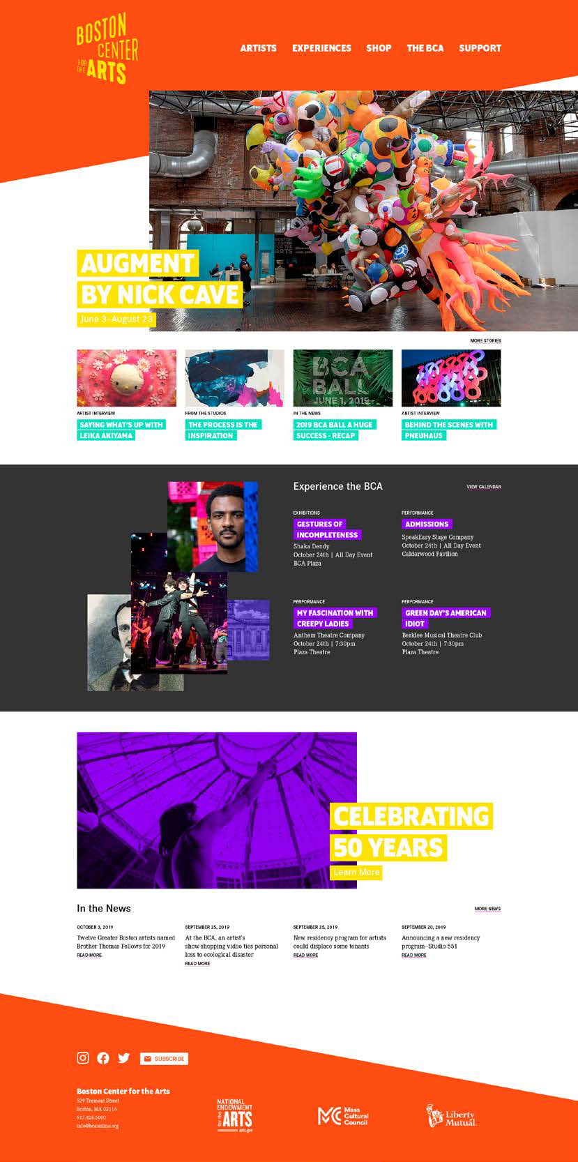 The homepage of the Boston Center for the Arts' website
