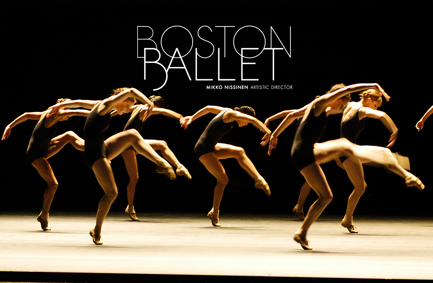 A promotional image depicts female dancers in black leotards below the words 'Boston Ballet Mikko Nissinen Artistic Director' in white on a black background