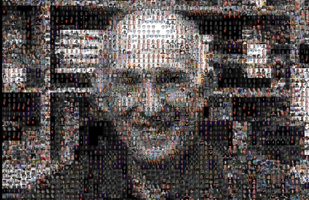 A face composed of hundreds of very small rectangles depicting faces.