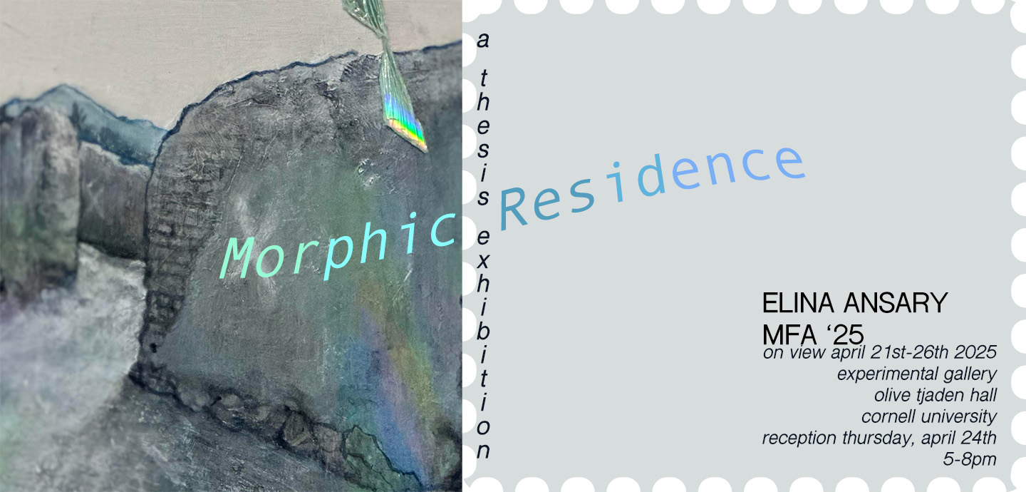 A painting of abstract gray-blue shapes with an iridescent shimmer