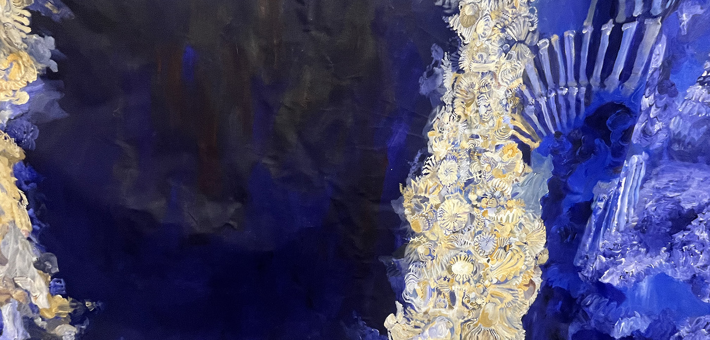 A painting with yellow and white flowers set against a dark purple and blue background.