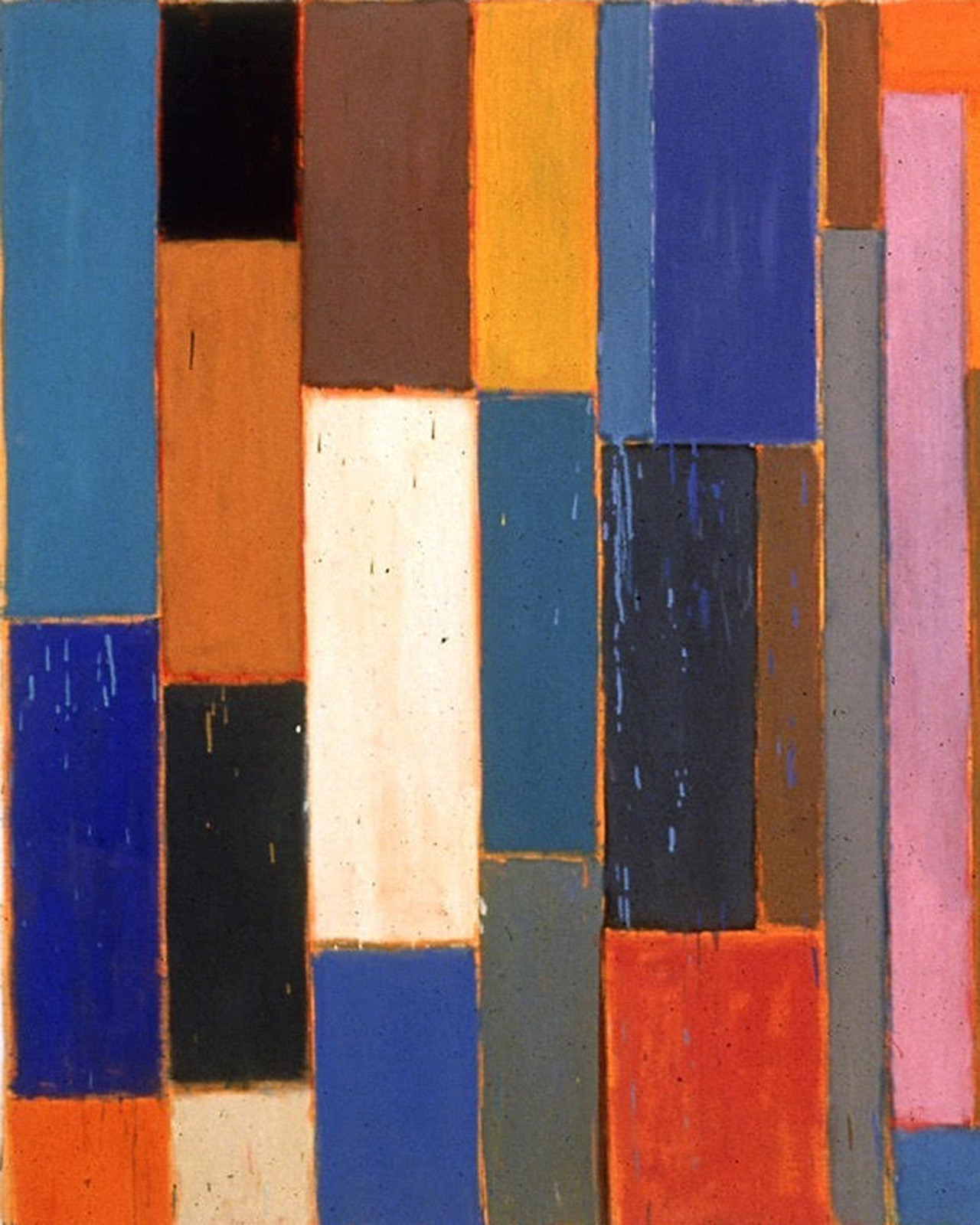 long strips of color blue, orange, black, white, yellow, pink, crop close up of a painting by Pat Lipsky