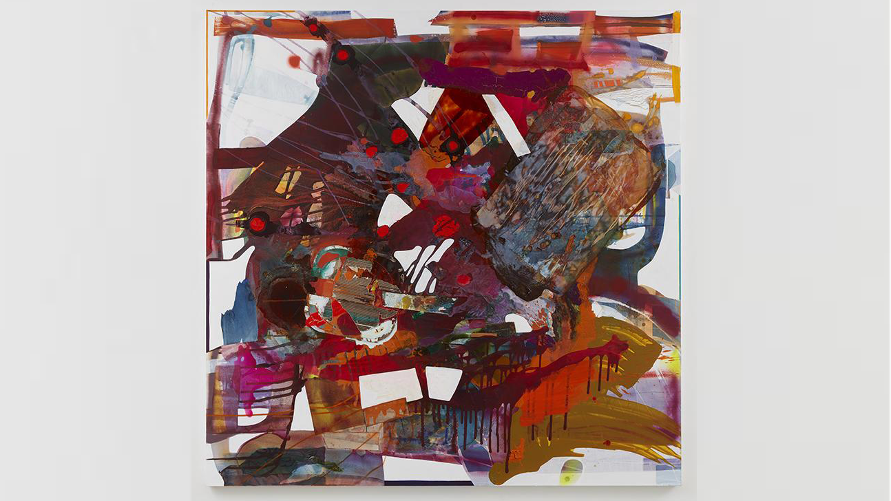 An abstract painting in shades of red, purple, and brown