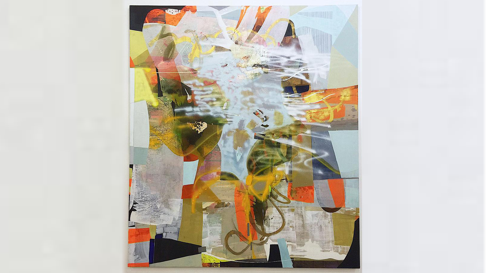 An abstract painting with many colorful blocks and squiggles