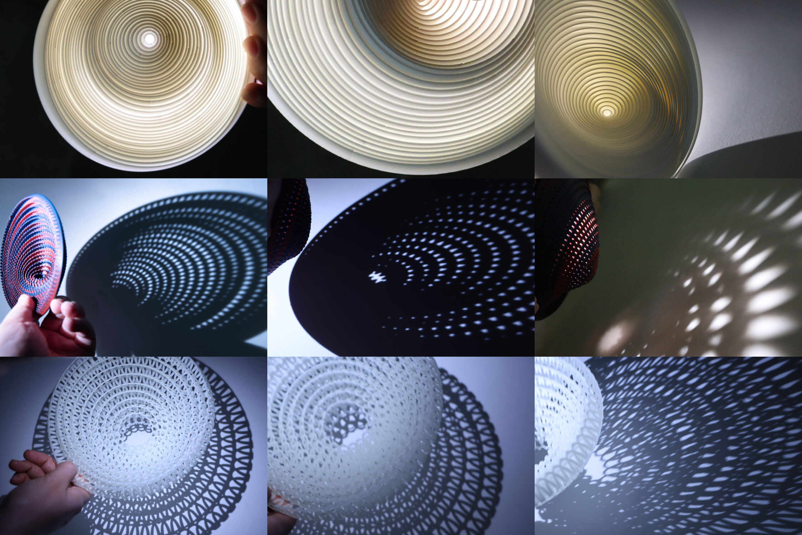 A grid showcasing 9 different angles of shadows being cast by complex 3D-printed sructures.