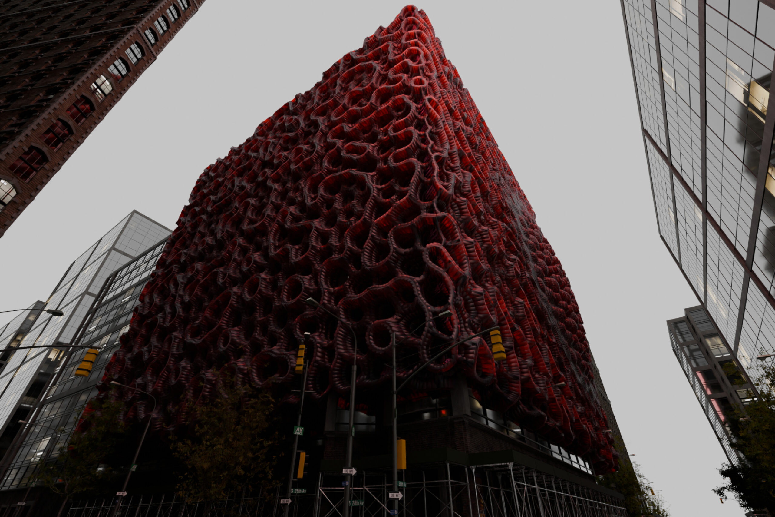 A building covered by an external layer of coral-like structure.