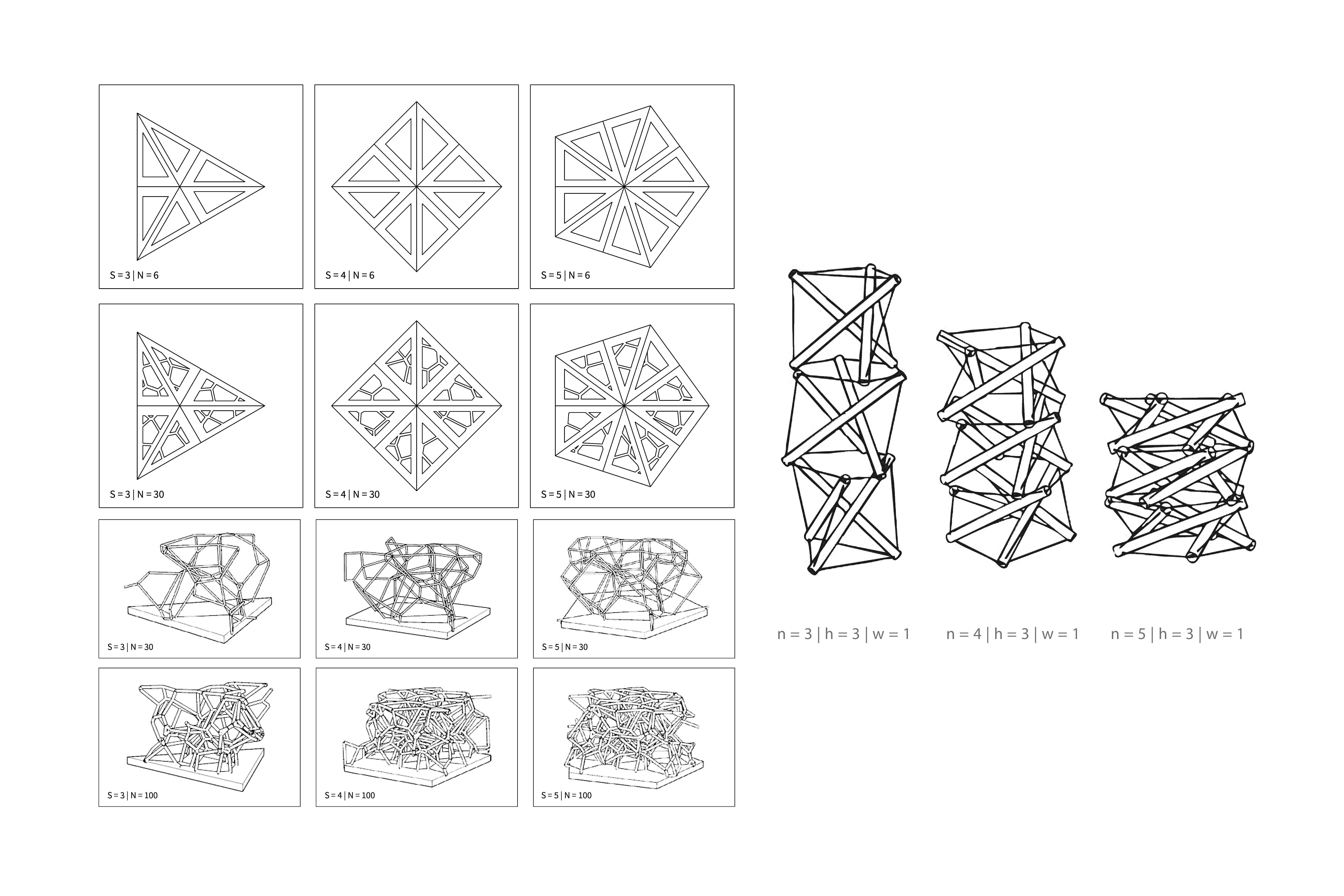 Grid showcasing stacked structures built based on different geometric forms.