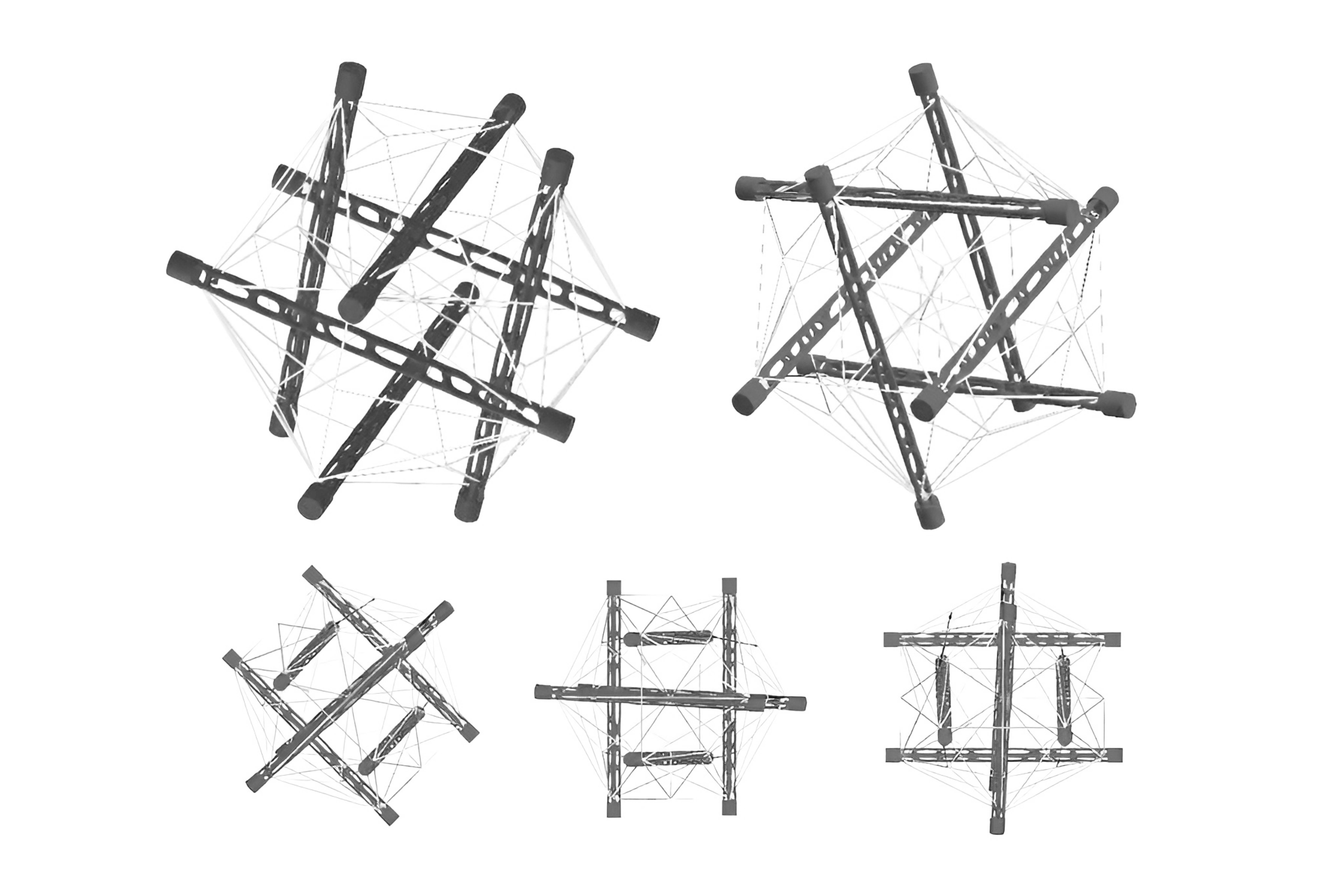 Multiples views of a ball-like structure formed by a a web of wires tensed by multiple inner cylinders.