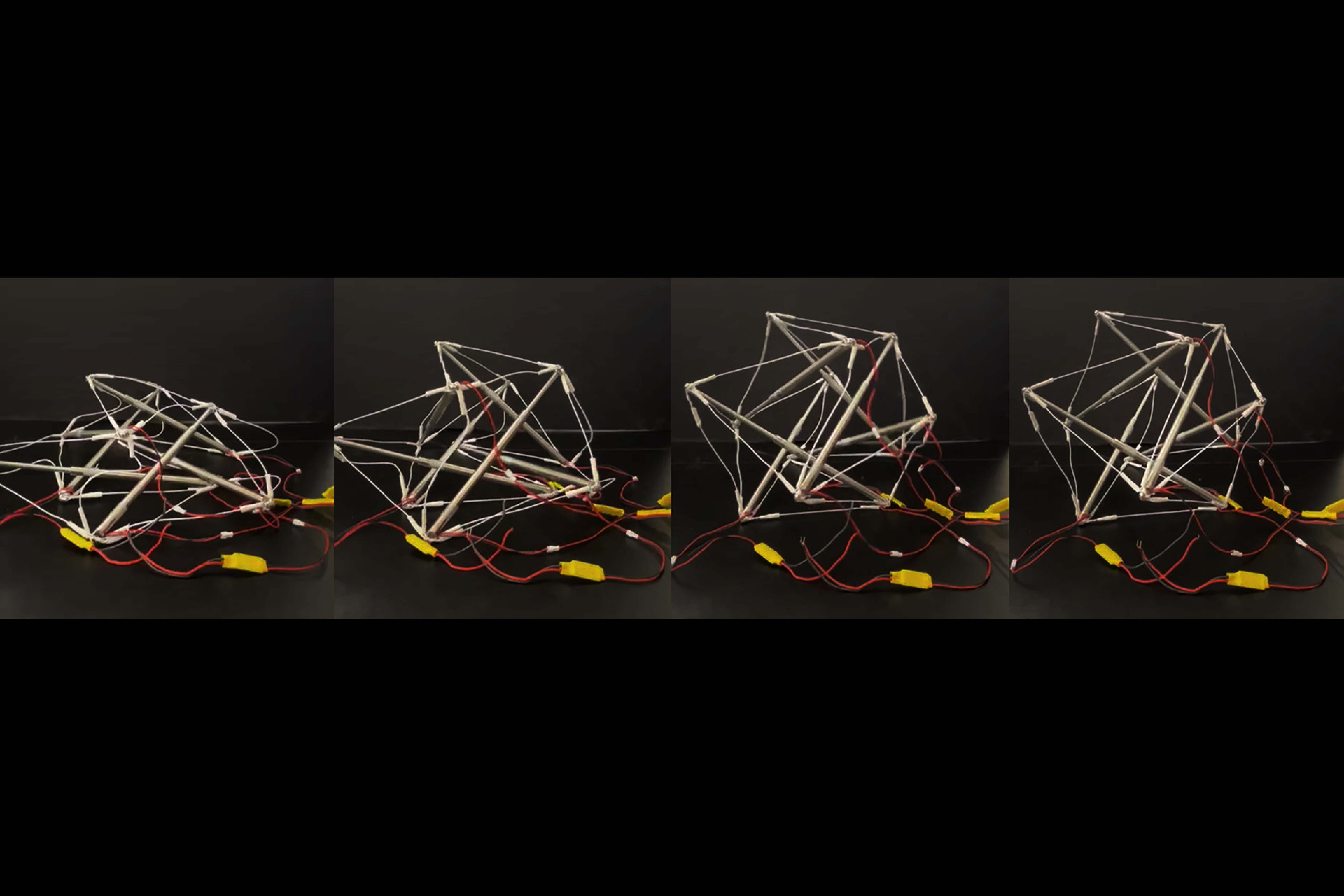 A grid showcasing an structure format by cylinders and wires in different stages of movement.