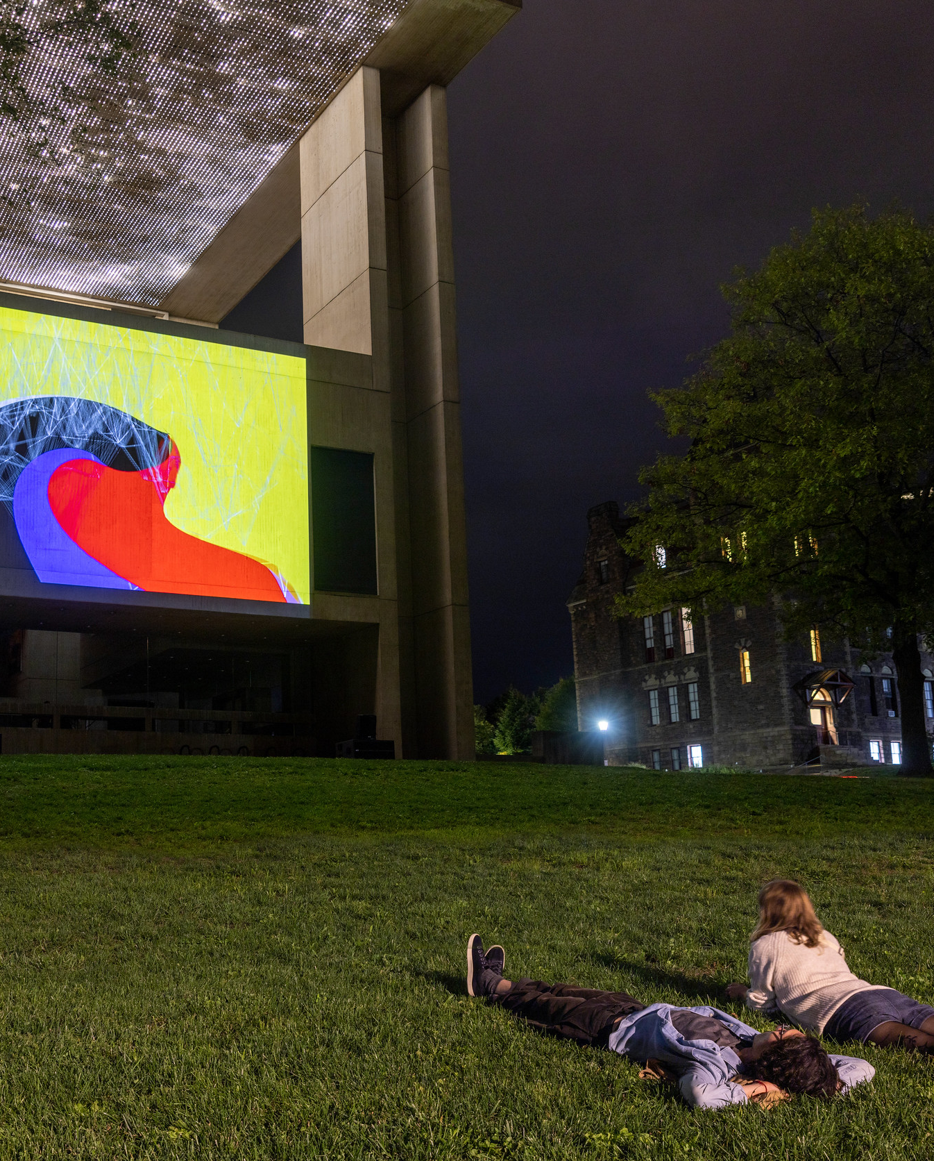 people laying on the grass viewing an art projection on an exterior building wall