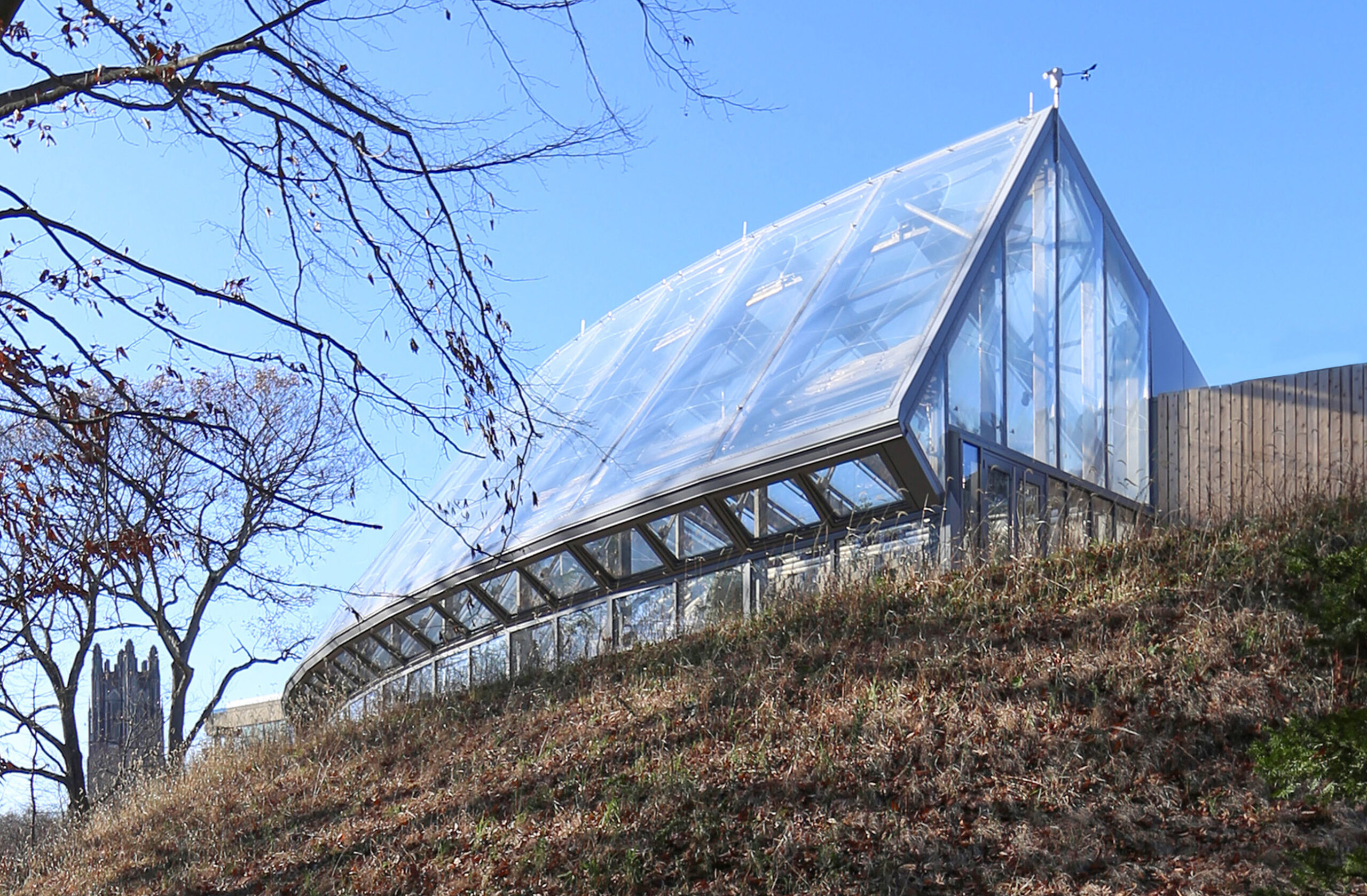 Exterior of a glass, triangular building.