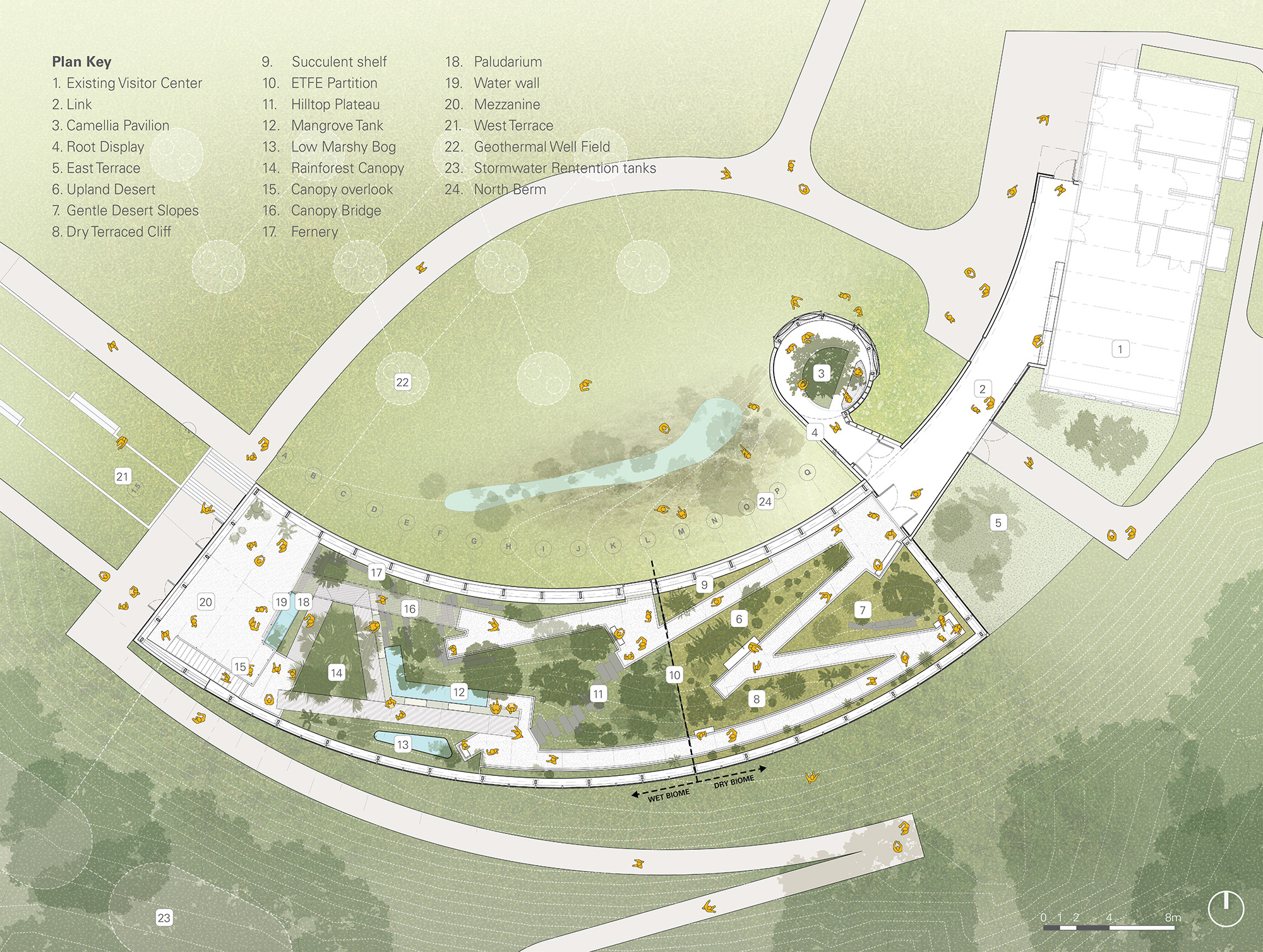 Illustrated plan of a visitor center and large greenhouse.