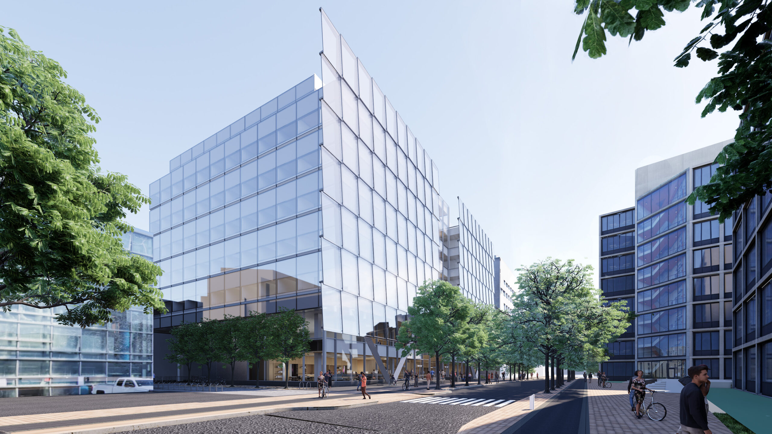 Rendering of a glass building in an urban environment.